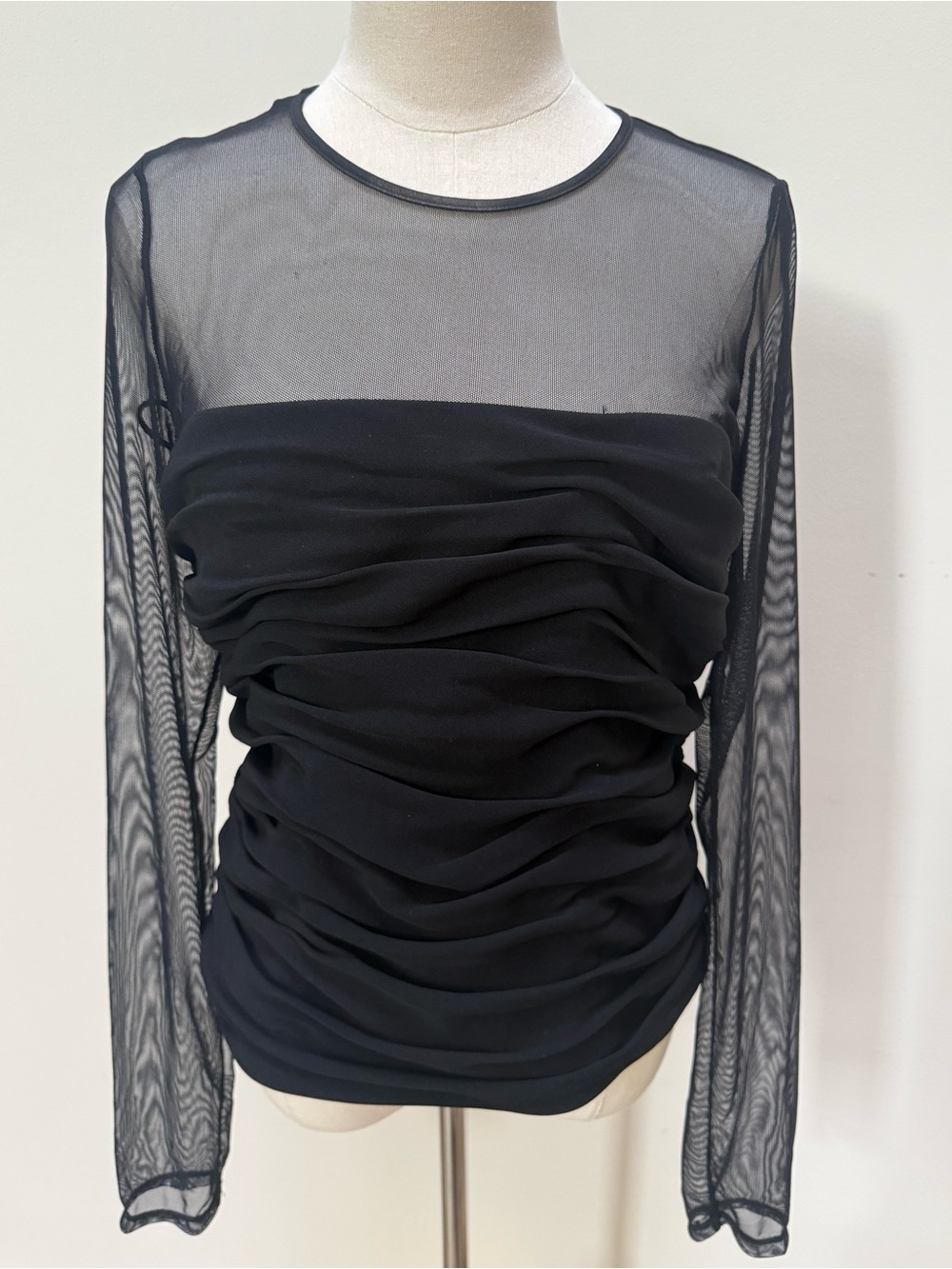 Cinq à Sept Black Sheer Mesh Ruched Long Sleeve Top Size L